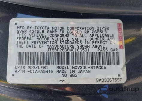 1998 Lexus Es 300 из США, поврежденный, VIN JT8BF28G8W0106501